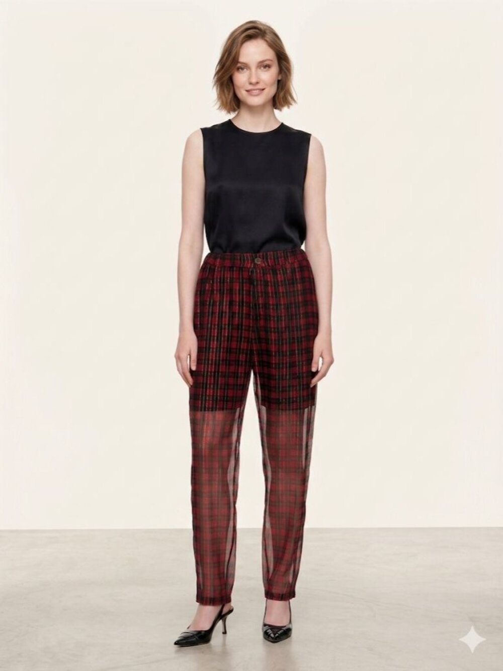 UNDERCOVER Japan Red Plaid Silk Pants Size 2 (Small) Metallic Gold